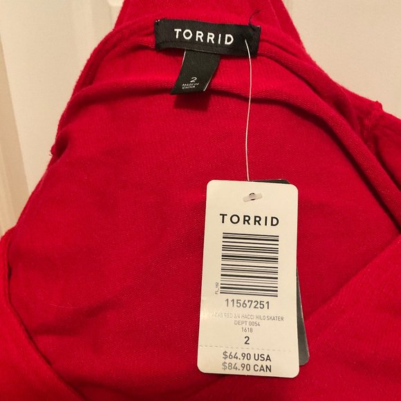 Torrid Dress 2 Solid Red Soft 3/4 Sleeve Fit & Flare New NWT - Picture 10 of 10